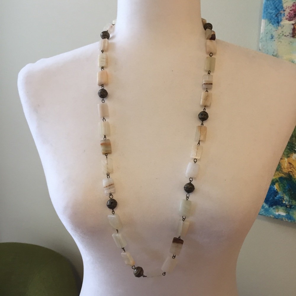 HAND CRAFTED Boho Statement Necklace Antiqued Brass & Italian Onyx White Cream - Picture 4 of 10